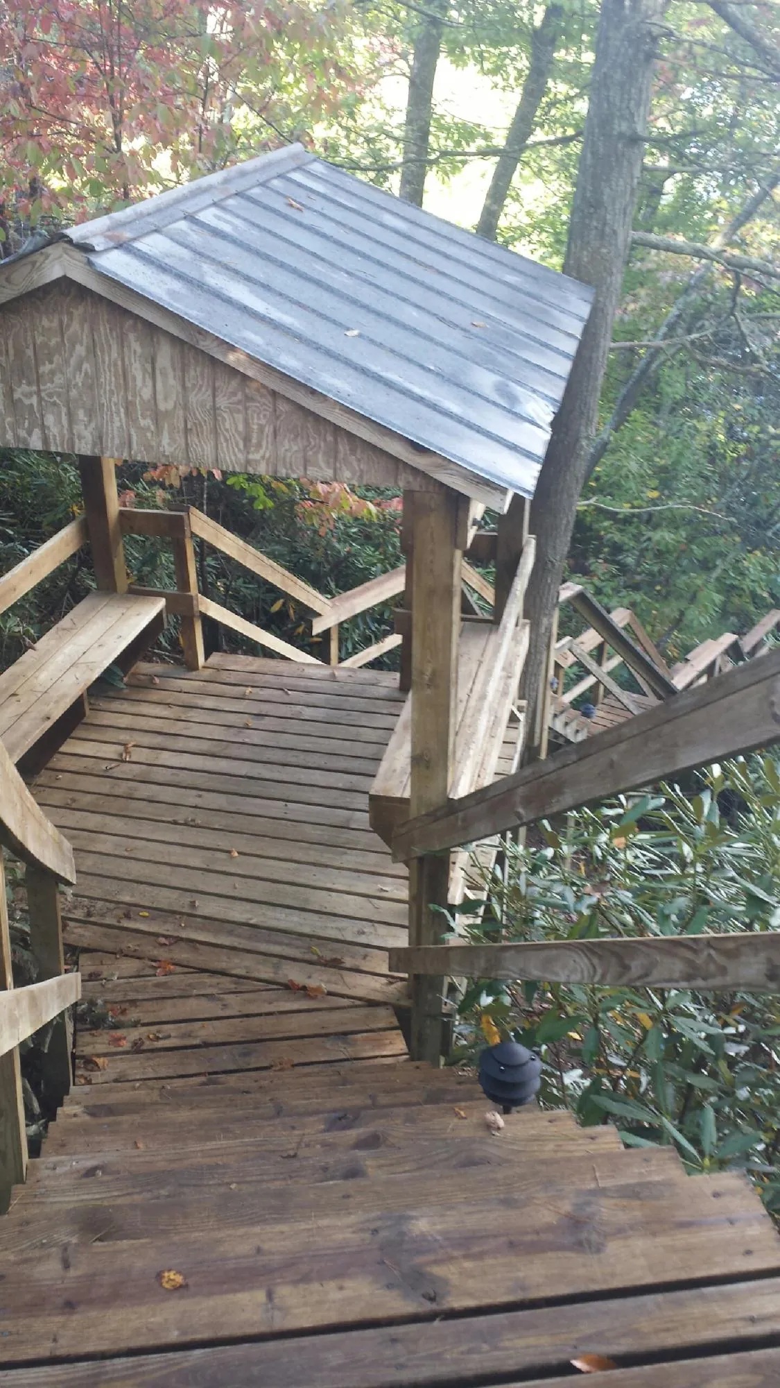 Metal roofed shelter over wooden steps on a wooded walkway — Skylight Repair & Installation work by our crew in Primghar